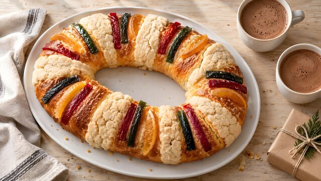 Traditional Mexican Rosca de Reyes king cake with hot chocolate and gifts