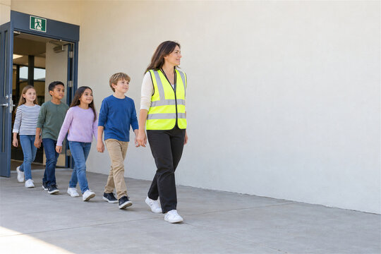 Elementary school children follow a teacher in a reflective safety vest during a calm evacuation drill outside a school building with a wide blank wall for educational safety and preparedness messages