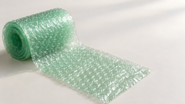 Green bubble wrap roll on a white surface for packaging and shipping