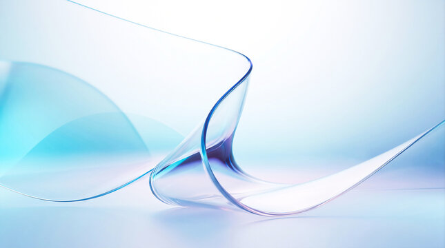 Curved transparent glass sheet folding in soft aqua blue and lavender light, abstract fluid 3D background with copy space
