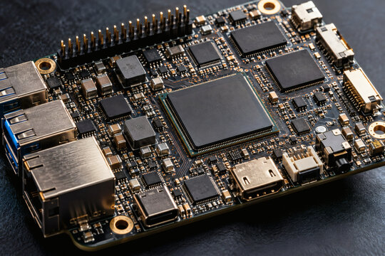Photorealistic macro photograph of an embedded computer PCB with processor, memory chips, power circuitry, connectors, dense surface mount components and intricate copper traces for modern electronics