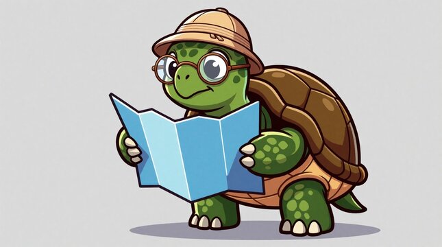 Cute cartoon turtle wearing safari hat, glasses reads blue map. Little reptile explorer goes on adventure journey. Funny animal character travels for vacation sightseeing trip. Small turtle guide