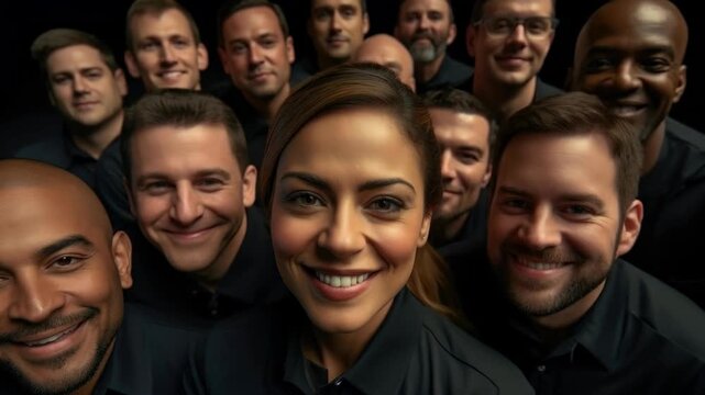 Diverse Group of Smiling People in Black Clothing on Dark Background