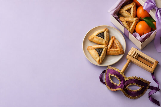 Purim celebration flat lay with triangular hamantaschen pastries a wooden grogger and a purple mask beside a gift box of treats on a lavender background with generous clean copy space on the left