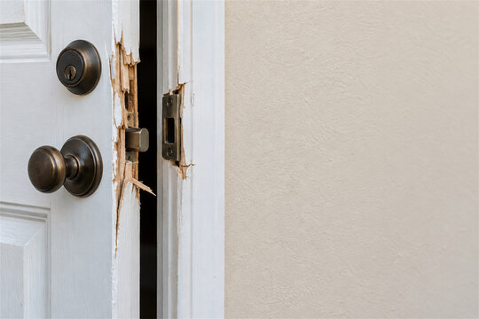 Splintered wooden front door with exposed wood around the lock and damaged jamb beside a beige wall showing white paint and dark metal hardware with broad empty copy space for home repair concepts
