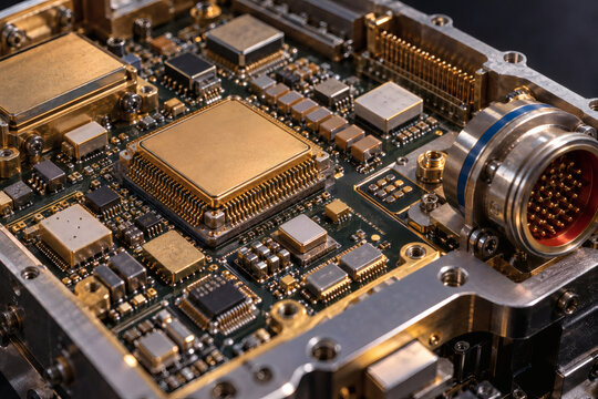 Radiation hardened aerospace electronics PCB with rugged semiconductor packages, gold contacts, ceramic components and precision connectors, industrial engineering macro photography technology