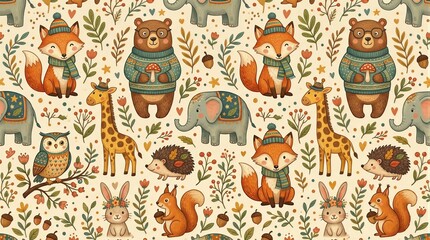 Fototapeta premium Woodland animals illustrated in repeating pattern wallpaper