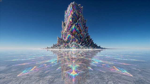 Guglia di cristallo iridescente con riflessi arcobaleno su una distesa salata a specchio sotto il cielo blu
