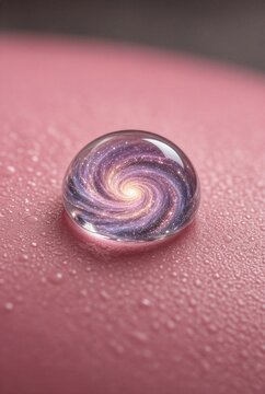 Goccia d'acqua che racchiude una galassia a spirale su superficie rosa con piccole gocce