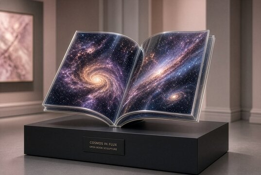 Libro aperto in vetro con pagine di galassie e stelle esposto su piedistallo nero in una galleria d'arte