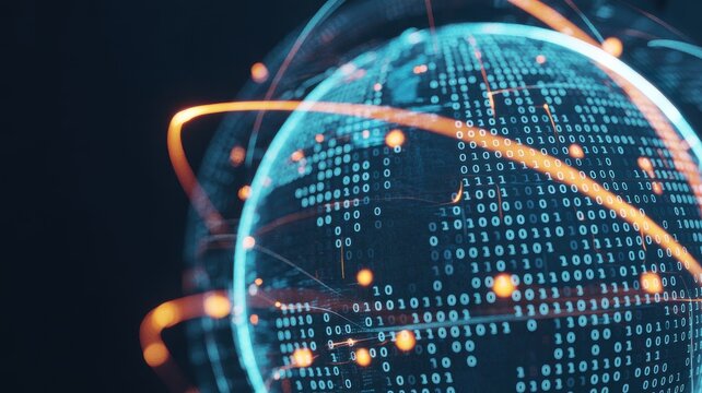 Digital globe representation with glowing binary code data streams and network connections