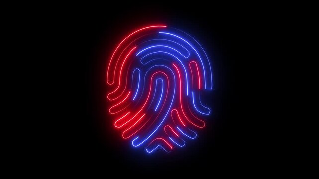 Neon fingerprint biometric security glowing in red and blue on black background, authentication identity