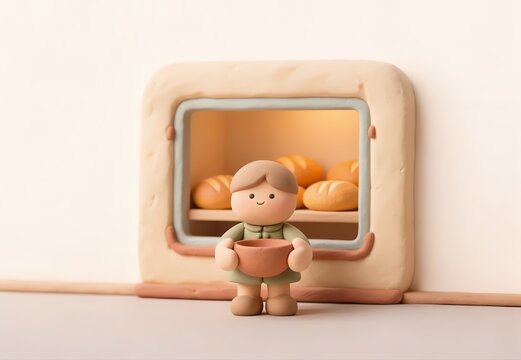Clay boy holding a terracotta bowl in front of a bakery oven window with fresh baked loaves of bread, warm glowing light, food and daily bread concept