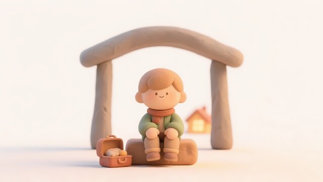 Clay boy with a scarf sitting on a stone under a house-shaped arch beside an open suitcase, with a glowing home in the distance, journey and leaving home concept