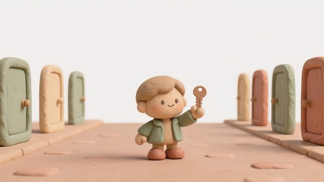 Clay boy in a green jacket holding up a key on a path between rows of colorful doors, choosing a new home, opportunity and new beginning concept with copy space