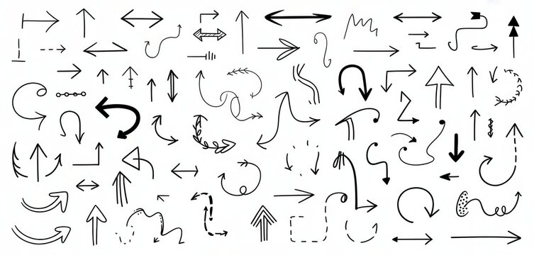 Collection of various hand drawn black arrows isolated on a white background