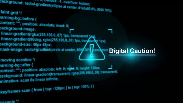 Warning alert icon with glowing text digital caution blue lines and programming code overlay for cybersecurity and software development interface