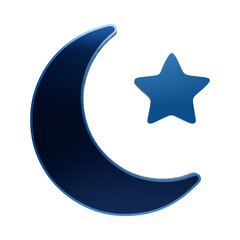 Glossy blue crescent moon and five pointed star icon with smooth gradient shading on a dark background isolated on a transparent background © Nemynushchyi