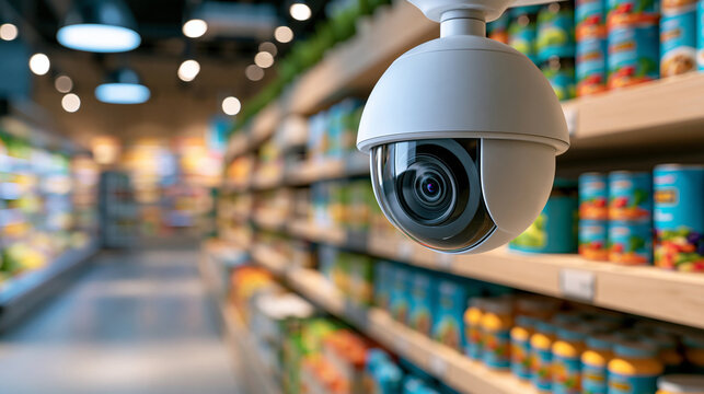 Modern supermarket security camera overlooking organized retail aisles, smart retail security, surveillance technology, loss prevention, AI monitoring, supermarket management,