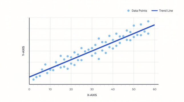Scatter plot graph showing positive linear correlation, data analysis trend line visualization, business statistical infographic