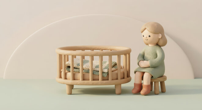 Clay woman sitting on a stool beside an empty wooden baby crib with a folded knitted blanket, waiting for a child, longing for a baby and infertility concept with copy space