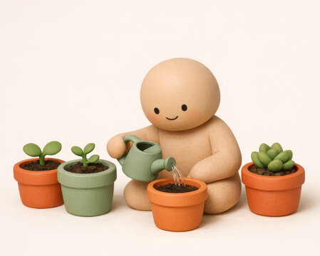 Clay figure watering a pot of soil beside small pots with young sprouts and a succulent, growth, care, patience and new beginnings concept on a light background