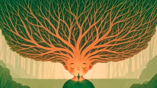 Overthinking concept, tiny person below head growing tree branches
