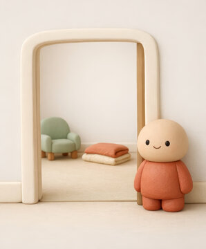 Clay figure standing at an open doorway looking into a quiet room with a green armchair and folded blankets, waiting, threshold and new chapter concept