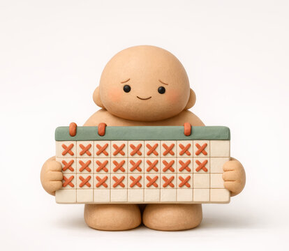 Clay figure with a sad hopeful face holding a large calendar with many days crossed out, waiting, passing time and trying to conceive concept on white background