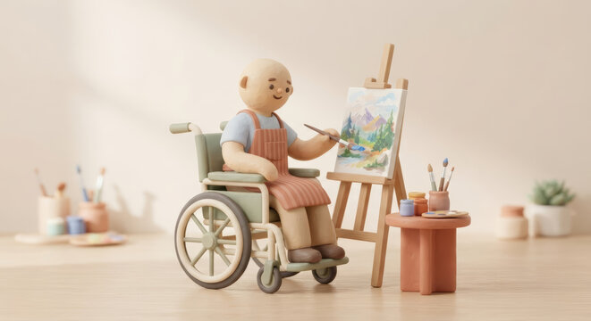 Clay man in a wheelchair painting a mountain landscape on an easel in an art studio, creativity, hobby, disability and inclusion concept with copy space