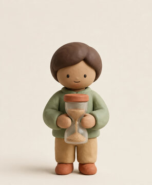 Clay figure in a green sweater holding a small hourglass with sand running down, passing time, waiting and patience concept on a beige background