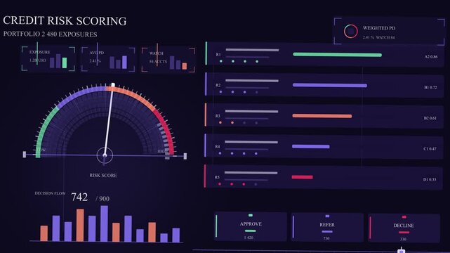 Animated credit risk scoring console with dial and decision gates