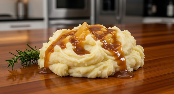 Mashed potatoes topped with savory brown gravy and fresh rosemary on a wooden table