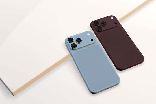 Phone 18 pro dual color concept smartphones in blue and burgundy on geometric surface