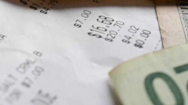Receipt close up, paying, being, Macro close up paper texture dollar bills background, money, finances, stock market background
