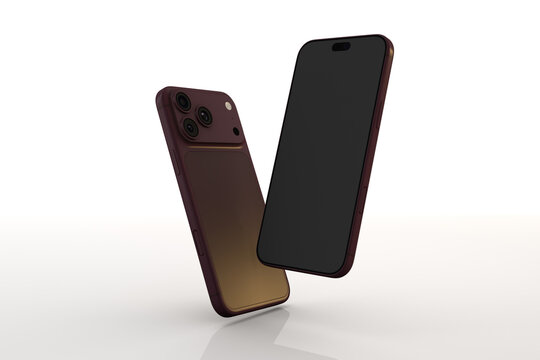 Phone 18 pro Burgundy dual smartphone mockup floating front and back view isolated on white