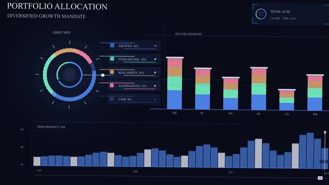 Animated portfolio allocation ring with sector exposure columns