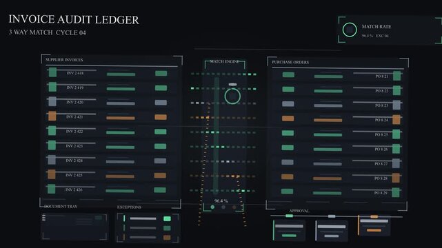 Animated invoice audit ledger with three way match engine
