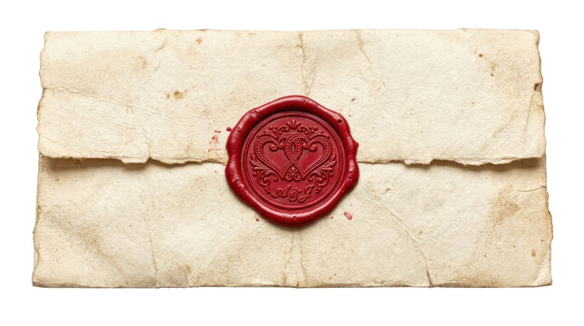Old vintage paper envelope with a red wax seal for wedding invitations on transparent background