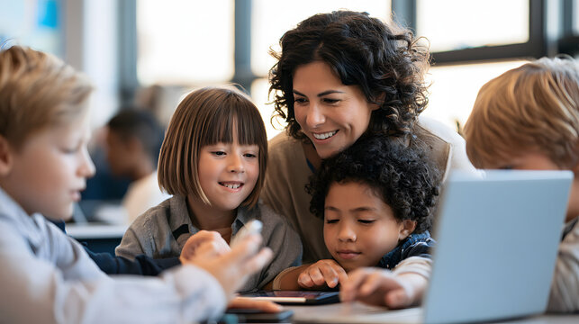 The teacher is leading a classroom filled with elementary students, who are using laptops and tablets in a spacious, modern setting. The teacher is smiling as they work collaboratively on digital lear