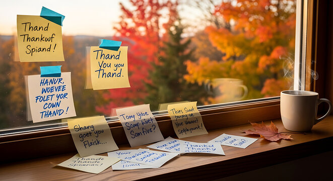 Sticky notes with handwritten messages on a window sill with a cup of coffee