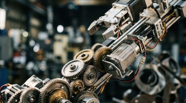 Interlocking gears, servo motors and robotic grippers arranged on an upward path to symbolize automation growth