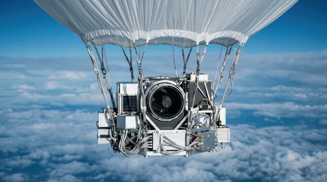 Telescope payload suspended beneath a balloon envelope with silver cables and drifting clouds