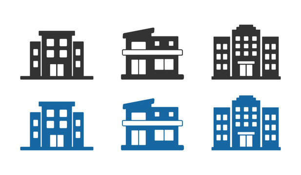 Vector set of modern building and house icons for real estate architecture web design app interface graphic elements on white background.