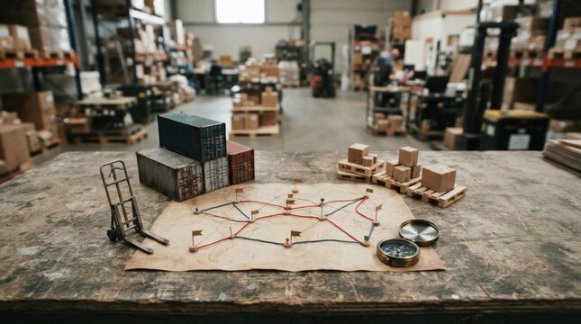 Cargo containers, pallet stacks, route pins, a folding hand truck, and a compass on a workbench symbolize supply chain network redesign.