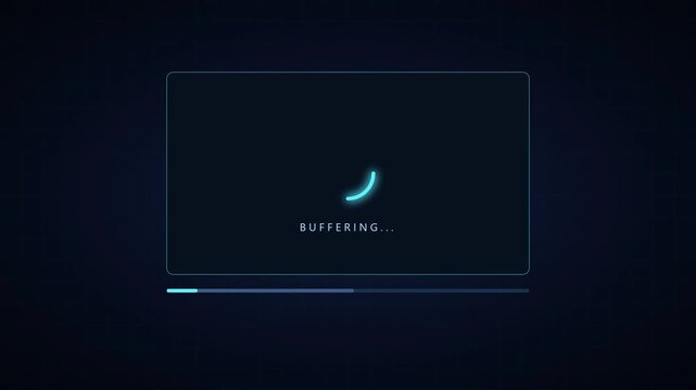 Digital buffering and loading progress indicator. Glowing blue spinning wheel animation. Seamless loop stock video clip for website and app interface