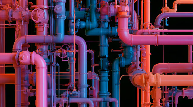 A detailed network of vibrant industrial pipes in hues of pink, blue, purple, and orange. Valves and connections create intricate systems against a dark background, hinting at both physical infrastruc
