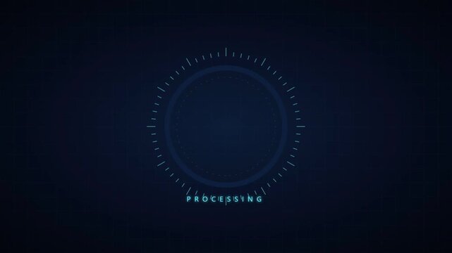 Circular progress loading bar and futuristic digital interface. Glowing blue neon percentage indicator animation. Stock video clip for tech projects