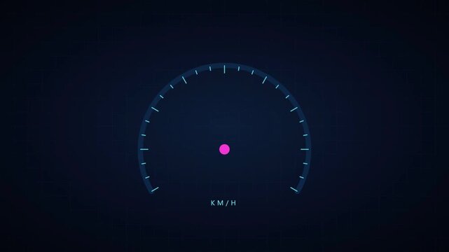 Digital speedometer interface stock video footage. Glowing blue gauge with kmh text. Futuristic dashboard telemetry display clip. Motion graphics loop