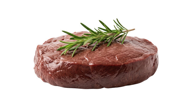 A fresh raw fillet mignon steak with green rosemary on top ready for cooking